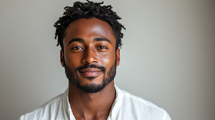 Fototapeta premium Individual with vitiligo smiling proudly in front of clean white studio background 