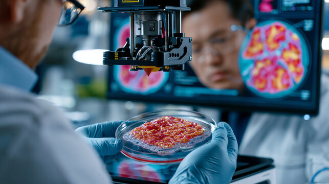 Bioprinting technician in sterile gloves positions a human cartilage tissue scaffold fresh from a bioprinter nozzle assembly onto a petri dish, magnified cross-section diagrams mounted on lab wall, 