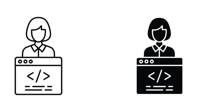 Female web developer icon with coding syntax and programming brackets for software engineering and website building concepts in outline and solid black vector illustration style