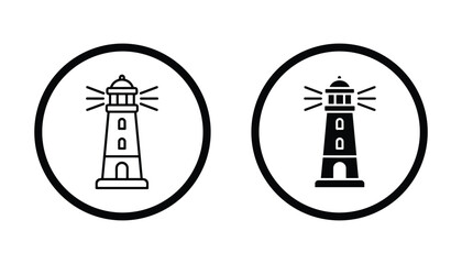 Coastal lighthouse navigation icon set featuring outline and solid black vector illustrations of maritime beacon structures for nautical themes and travel branding design elements © TARU STOCKPLC