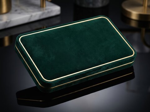 Emerald green velvet jewelry box with gold trim, luxury velvet gift case for necklace or watch, elegant dark green presentation box on reflective surface