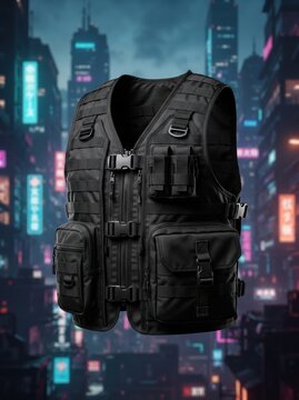 Tactical black utility vest with multiple pockets, futuristic techwear military gear, cyberpunk style urban combat apparel in neon city night