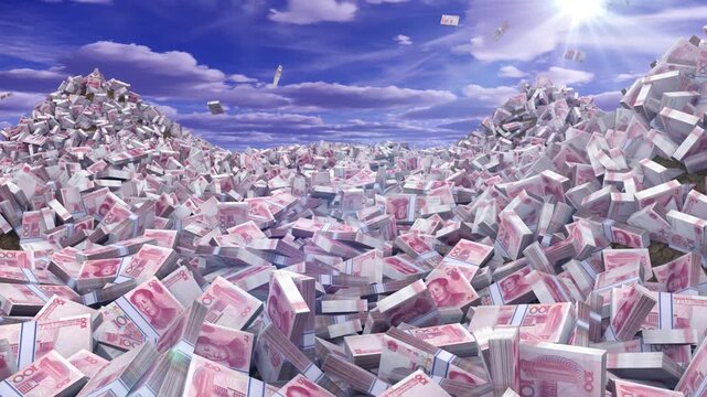Hundred chinese yuan renminbi banknotes falling from the sky onto massive money mountains.