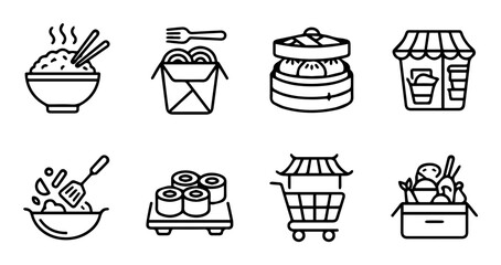 Fototapeta premium 10 Asian food icons, restaurant, delivery, cooking, sushi, shopping cart, outline solid styles, UI and web interface design