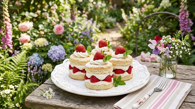 Strawberry Shortcakes with Cream and Berries in a Summer Garden
