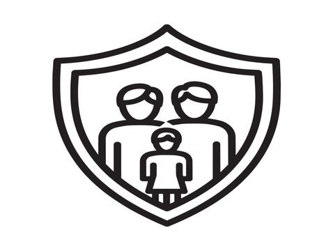 Family protection icon. Shield with people symbol. Insurance safety sign.