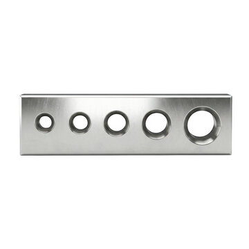 Stainless steel industrial panel with five circular holes and one threaded fitting.