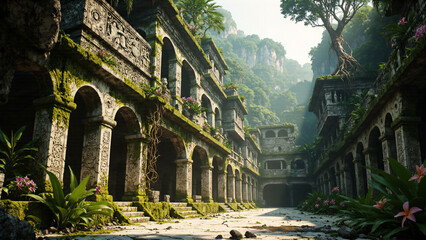 Obraz premium Ancient Mayan Architecture Covered in Moss and Wild Orchids