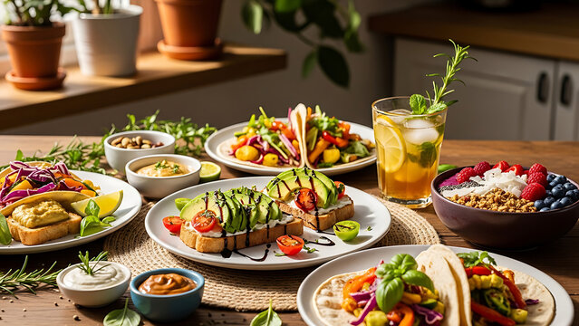 Healthy colorful vegan food spread with avocado toast, tacos, and salad, lifestyle.