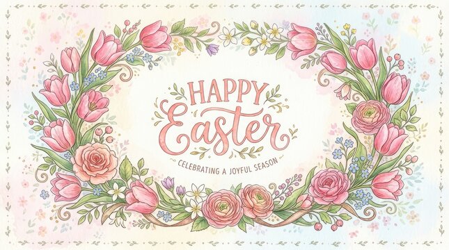 A decorative Easter card features a watercolor illustration of a floral wreath with pink tulips, roses, and other blossoms.