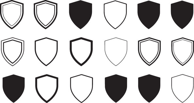 Set of black shield emblems in various shapes isolated on a grey checkered background pattern. Vector Illustration
