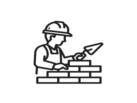 Bricklayer icon. Mason building a wall. Construction worker line art.
