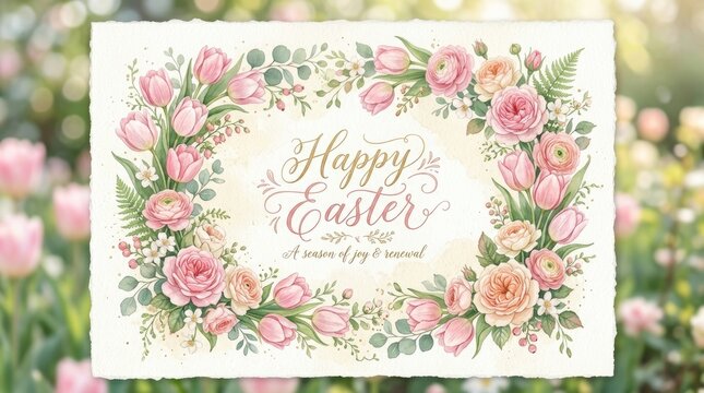 A festive Easter card features a watercolor illustration of pink and peach flowers arranged in a decorative border around the words "Happy Easter".