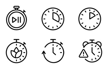 Fototapeta premium 6 Timer and Clock icons, stopwatch, alarm, timer, countdown, outline solid styles, UI and web interface design