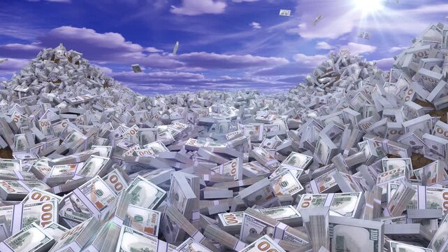 Hundred us dollar banknotes falling from the sky into huge piles of cash.
