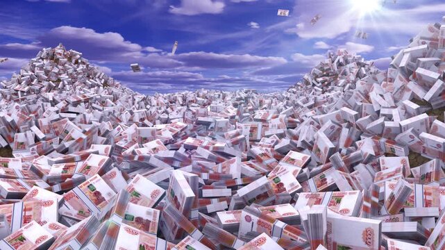 Russian ruble banknotes falling from the sky into massive mountains of money.