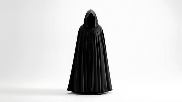 A mysterious figure in a black hooded cloak isolated on white background