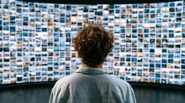 Person observing a large curved screen displaying a grid of numerous small image thumbnails, representing digital content, big data, and information overload in a gallery or monitoring setting