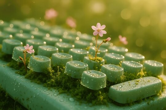 Conceptual surreal art of a computer keyboard overgrown with green moss and small flowers
