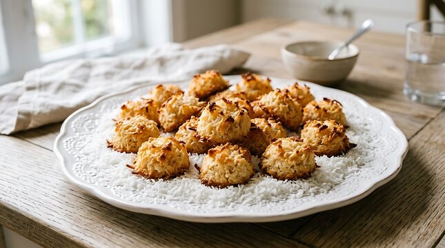 Golden Brown Coconut Macaroons on a Decorative White Plate