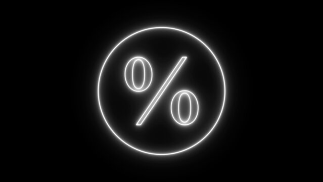 Glowing white neon percentage symbol inside a circular border on a solid black background, minimalist signage concept