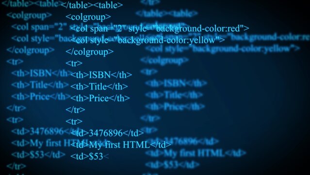 Html source code display with table tags, colgroup and data rows in blue monospaced text on a dark background