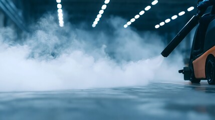 Obraz premium Dry ice blasting equipment generating cold carbon dioxide smoke while cleaning a concrete factory floor in an industrial warehouse, showcasing modern maintenance technology