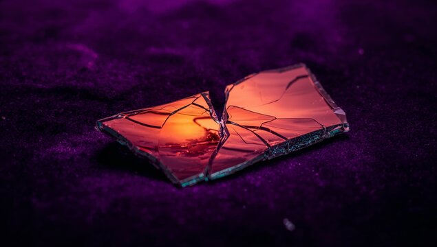 Broken piece of reflective glass with sharp edges resting on a purple velvet surface, showcasing intricate cracks and reflections of light in warm tones