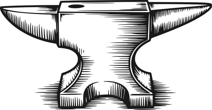 無地の白い背景に孤立した重金属の鍛冶屋の金敷の詳細な白黒イラスト