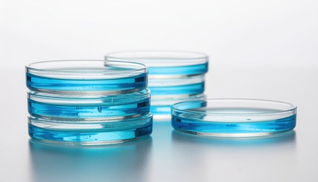 Stacks of Sterile Glass Petri Dishes Containing Blue Liquid in a Laboratory Setting