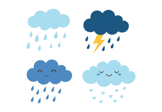 Cute Cloud Icons: A collection of adorable cloud illustrations depicting different weather conditions, from light rain to a thunderstorm with lightning. sky weather, cute illustration, rainy day.