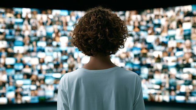 Person with curly hair viewing a large video wall filled with multiple screens displaying diverse faces, symbolizing information overload, global connectivity, and communication