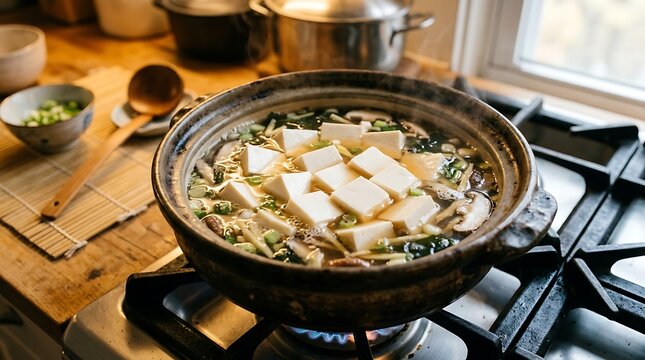 Japanese Tofu and Mushroom Soup Simmering in Clay Pot