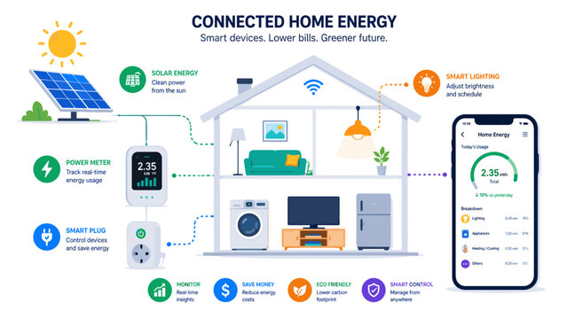 Solar panels power a smart home's energy needs. Wi-Fi connects devices for seamless control. Smartphone displays real-time energy usage. Interior features appliances and lighting