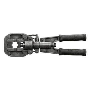 Black hydraulic bolt cutter with dual handles and reinforced jaws on white background.