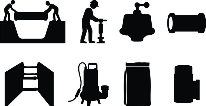 Underground utility pipeline installation and civil engineering icon set featuring black silhouettes of pipe layers trenching equipment and pumps