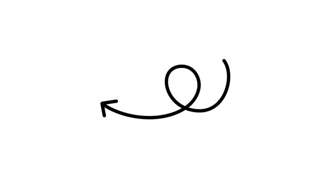 black curly arrow hand drawn shape pointing left for direction, pointer, guide, navigation, and symbol 4k animation on transparent background