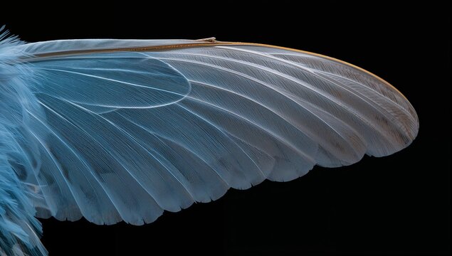 Close-up of a blue bird feather showcasing intricate details and delicate structures against a black background, highlighting its unique texture and coloration
