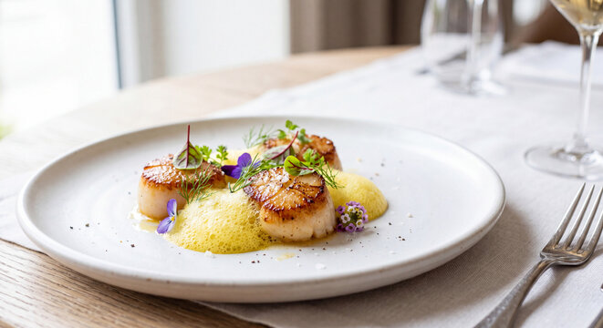 Premium Pan Seared Hokkaido Scallops with Saffron Foam Fine Dining Plating