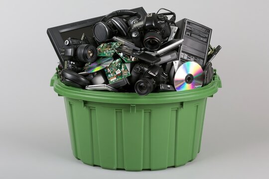 The Overflowing Electronic Waste Bin Full of Cameras, CDs and Circuit Boards