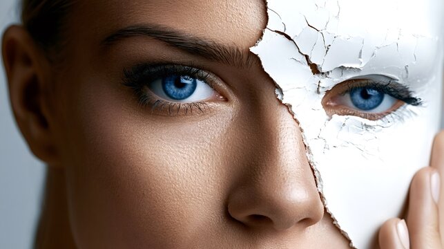 Woman's face featuring one blue eye with natural skin and the other eye covered by a crumbling white mask, symbolizing concepts of fragility, identity, beauty, and hidden truths