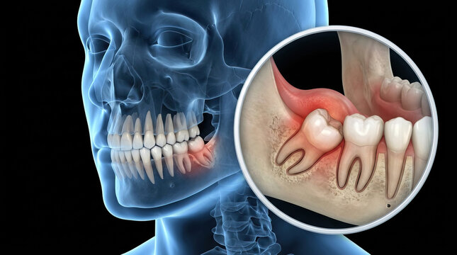 Wisdom tooth pain in human jaw with dental x ray style medical illustration of impacted molar and gum inflammation