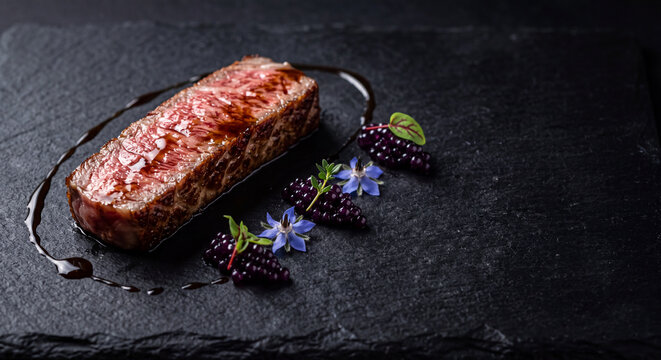Premium Seared Medium Rare Wagyu Striploin Slice with Balsamic Caviar