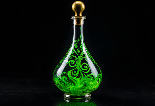 Glass bottle containing glowing magic green potion elixir