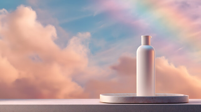 White cosmetic bottle mockup on podium with dreamy pastel sky and rainbow