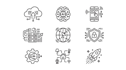 Fototapeta premium Modern technology line icons set, 9 digital innovation vector elements, artificial intelligence and cloud computing symbols for business web design