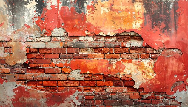 A vibrant, abstractly painted brick wall with red, orange, and grey hues