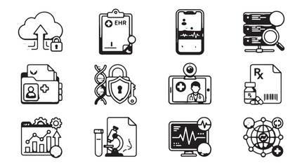 Fototapeta premium Digital health and telemedicine icon set, 12 medical technology line icons, healthcare data security and electronic health record EHR vector symbols