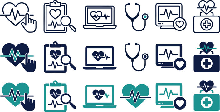 Medical Cardiology Healthcare Line Icon Set for Hospital Diagnostics Telemedicine Mobile Apps and Digital Health Analytics Designs
