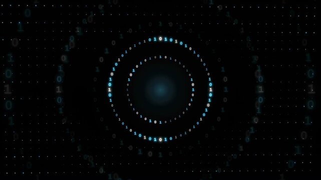 Abstract Digital Data Tunnel with Glowing Blue Binary Code Circles on Black Background